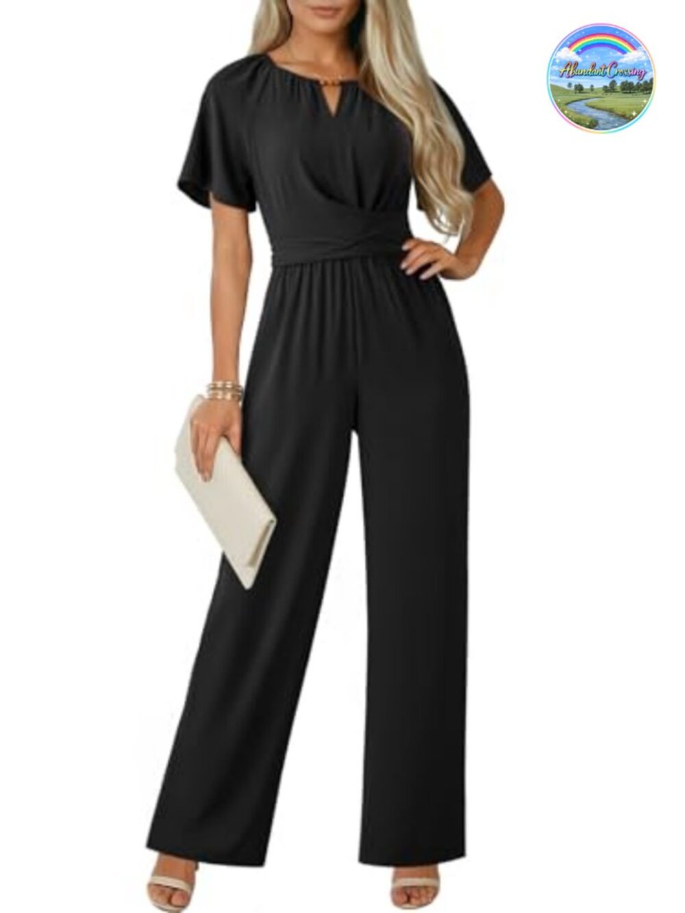 Women's One Piece Wide Leg Jumpsuit Short Sleeve Keyhole Dressy Casual